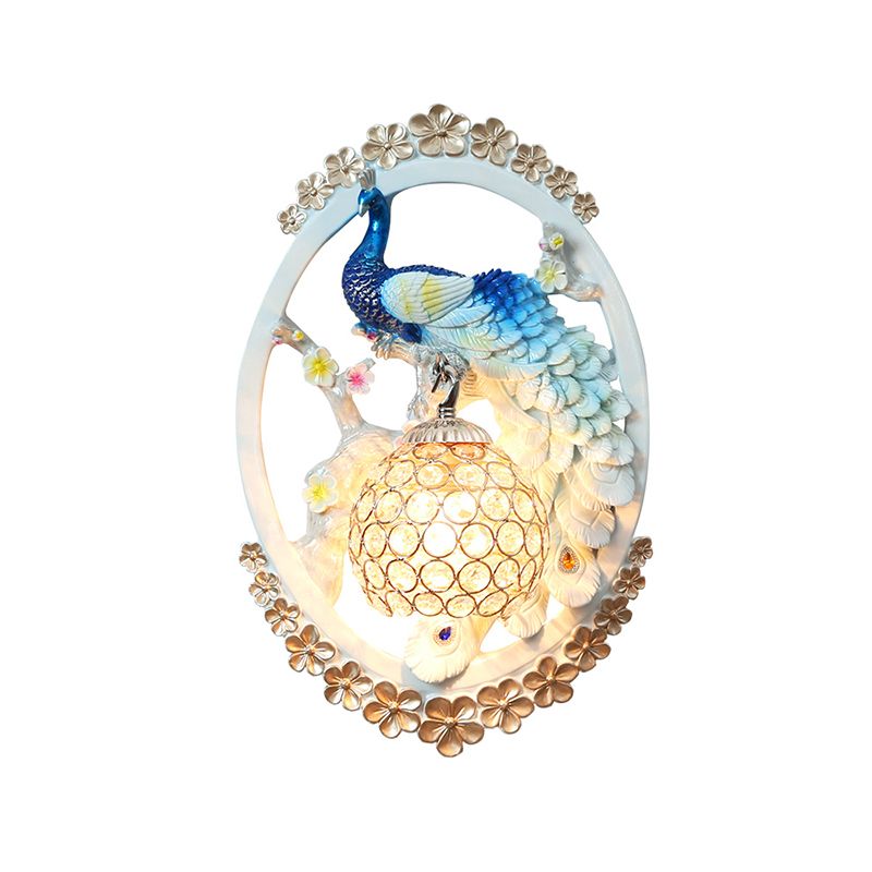 K9 Crystal Ball Mur Murning Contemporary 1 Light Living Room Appince en bleu clair et blanc avec design de paon