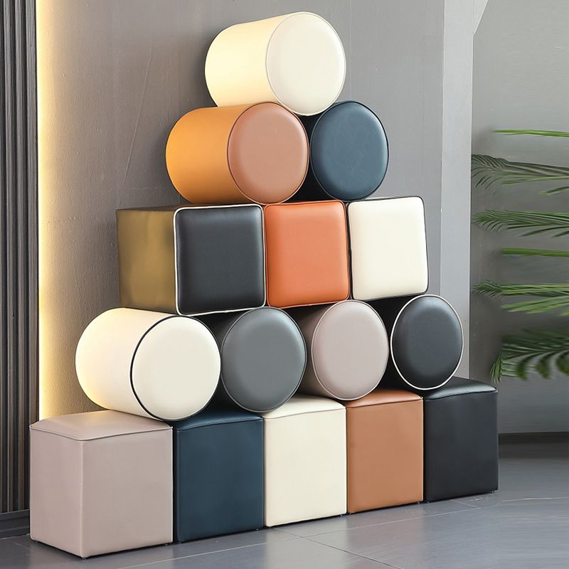 Contemporary Pouf Ottoman Genuine Leather Upholstered Solid Color Ottoman