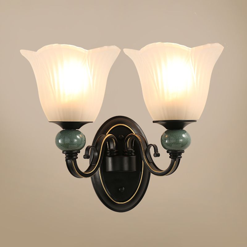 Ribbed Glass Floral Wall Lighting Retro Style Living Room Wall Mount Light in Black