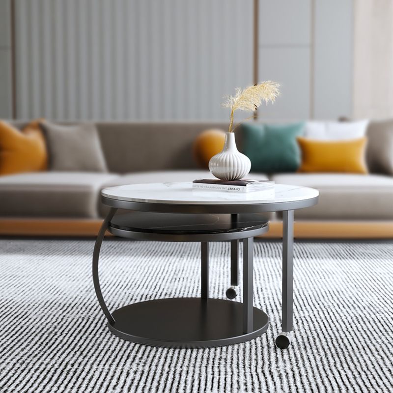 Contemporary Coffee Table Set Slate Round 2-Piece Coffee Cocktail Table