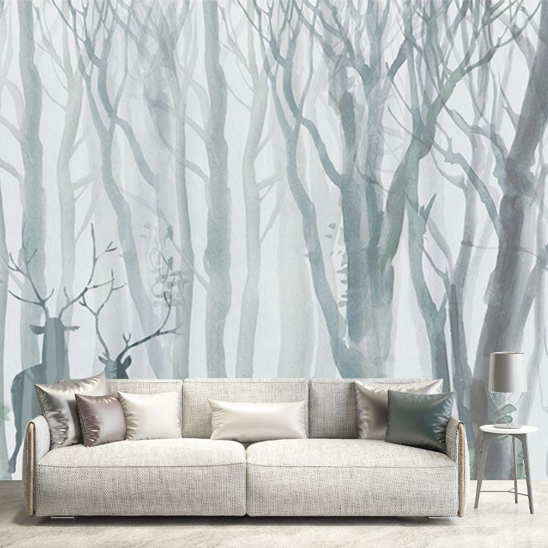 Grey-Blue Scandinavian Mural Wallpaper Full-Size Deer in Winter Forest Wall Art for Bedroom