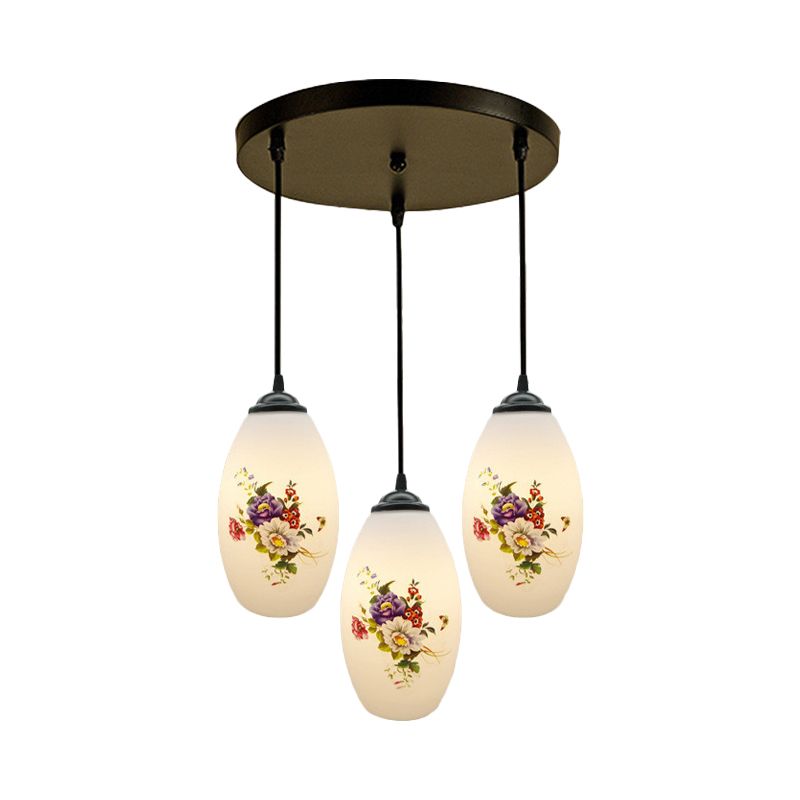 3 Lights Oval Multi-Pendant Modern Black Finish White Printed Glass Ceiling Hang Fixture with Round/Linear Canopy