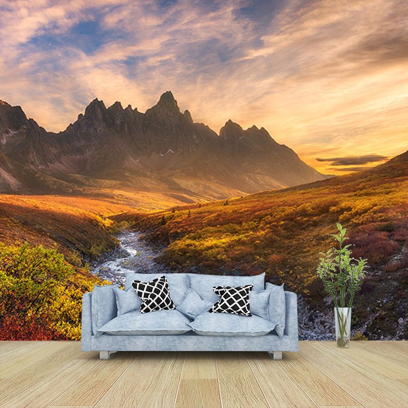Modern Sunset Mountain Landscape Mural Brown Autumn Meadows and Drying River Wall Art