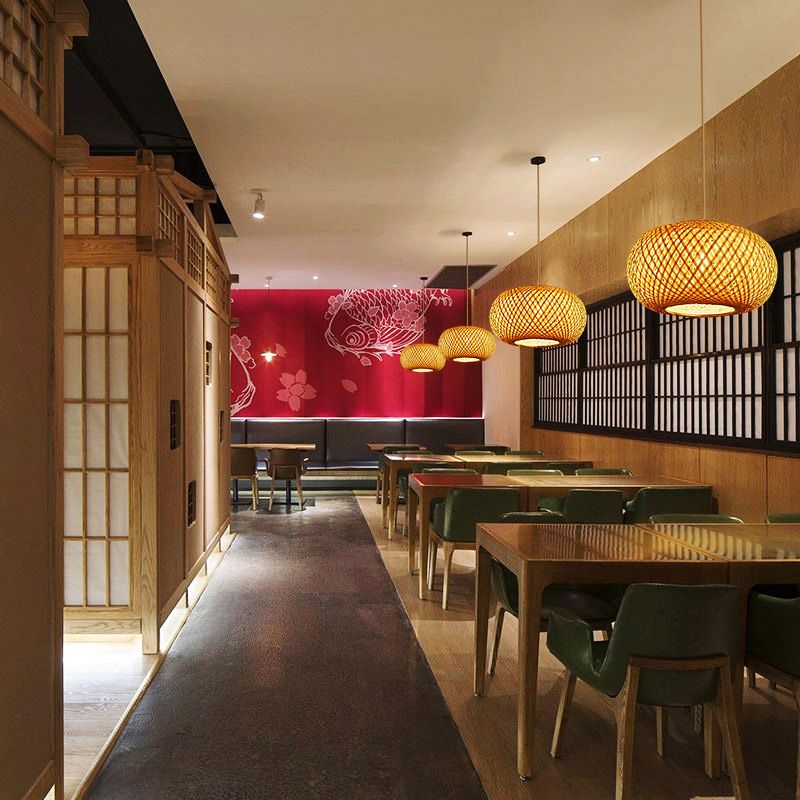 Curved Drum Ceiling Light Modern Bamboo Single Wood Hanging Pendant Light for Tea Room