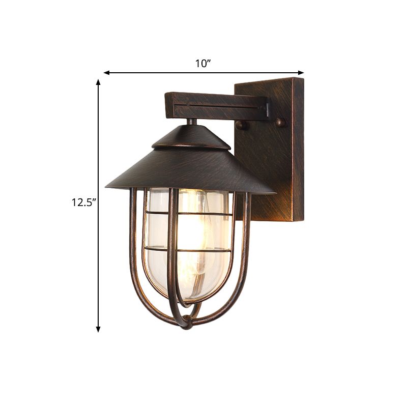 Urn Outdoor Wall Light Fixture Nautical Clear Glass 1-Head Black Wall Mount Lamp with Metallic Cage