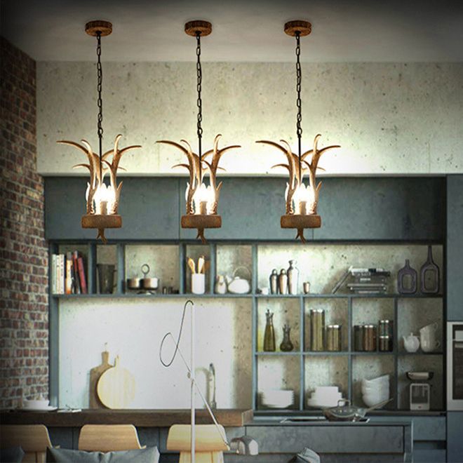 Antler Horn Chandelier Light Lodge Style 3 Lights Resin Pendant Lighting in Wood