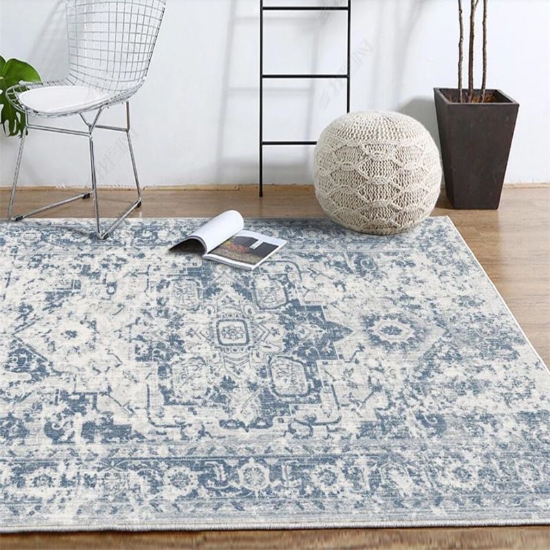Whitewashed Light Blue Floral Rug Polyester Moroccan Carpet Anti-Slip Backing Stain Resistant Machine Washable Rug for Sitting Room
