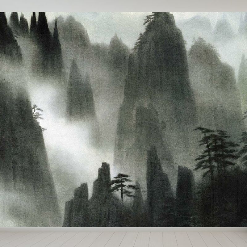 Great Contemporary Mural Wallpaper in Black Foggy Mountain Wall Decor, Custom Printed
