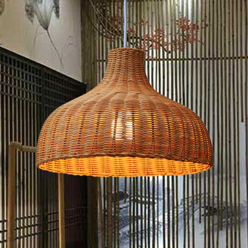 Lámpara colgante de cúpula china Rattan 1 Bulbo de techo Luz de techo en naranja para restaurante