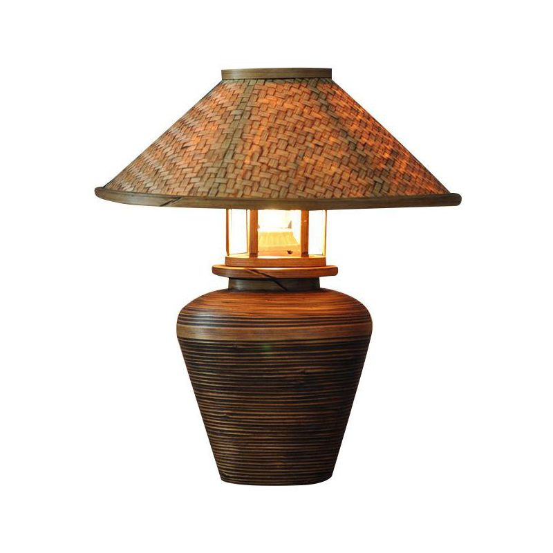 Lampe à lampe de bureau d'urne asiatique 1 Éclairage de tâche à la tête en marron avec une teinte en bambou effilée