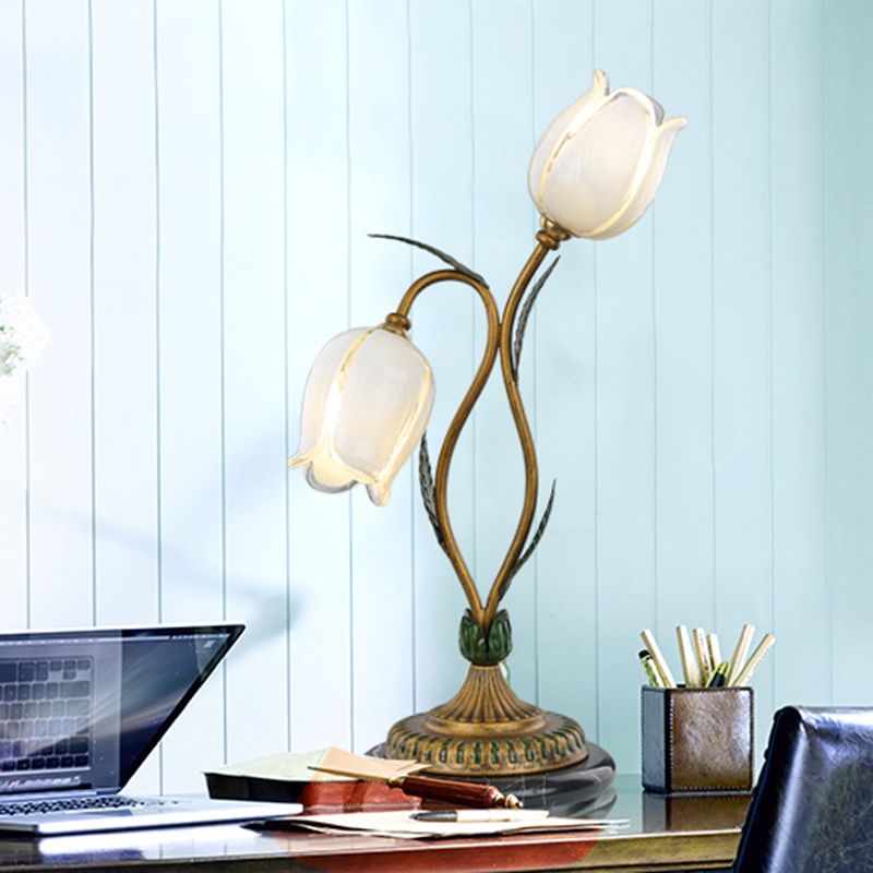 Brass Tulip Nightstand Lighting Romantic Pastoral White/Yellow Glass 2 Bulbs Bedroom Night Table Lamp