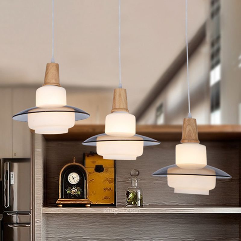 White Glass Gourd Multi Pendant Ceiling Light Modernism 3-Light Wood Hanging Lamp Fixture