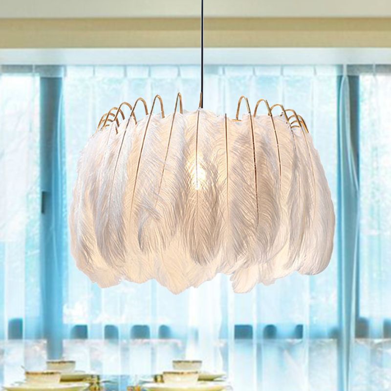 Romantic Drum Pendant Light 1 Light Feather & Metal Suspension Light in White for Adult Bedroom