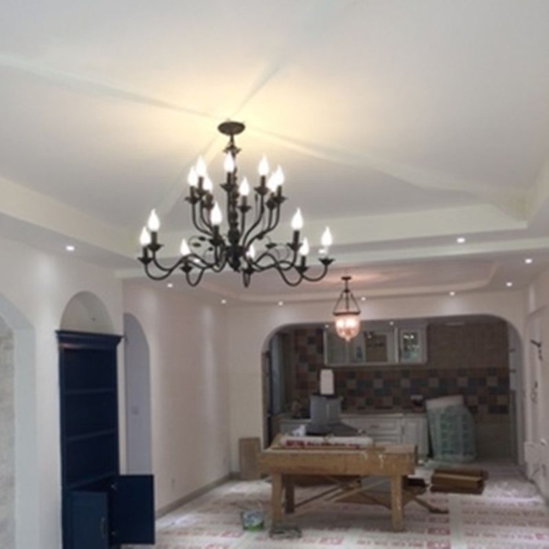 2-Layers Traditional Style Candlestick Styling Chandelier Black Wrought Iron Vintage Lighting Fixture for Living Room