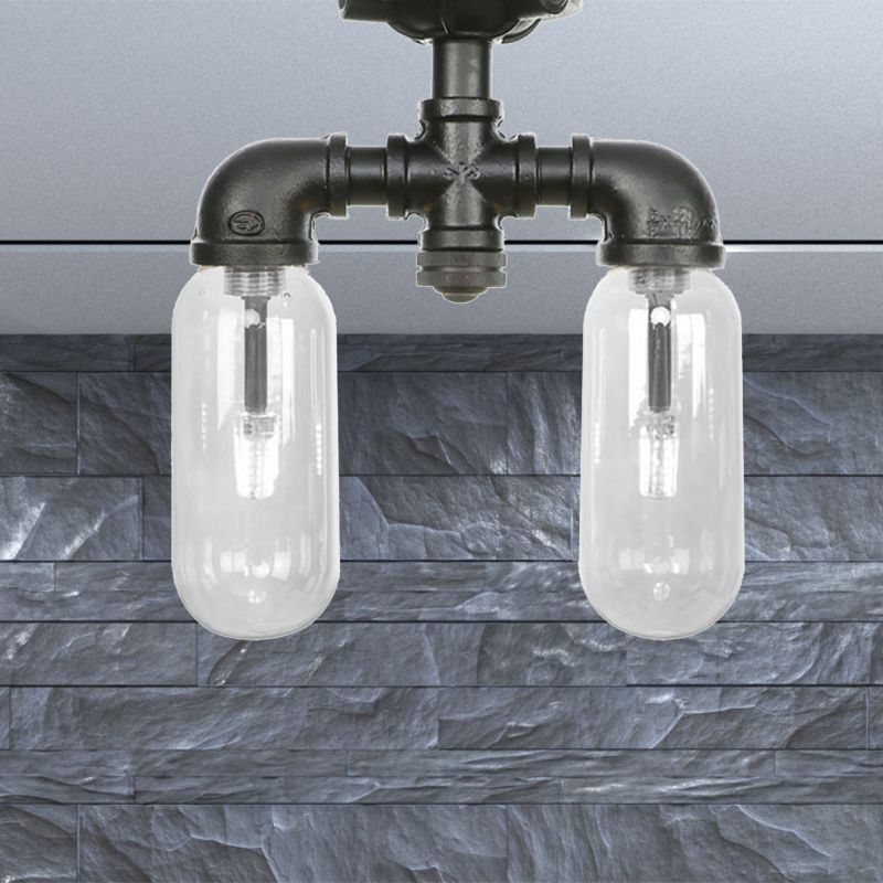 Lampada da soffitto per interni con paralume a capsula nero opaco vintage a 2 luci in vetro trasparente con montaggio a semicerchio e design a tubo
