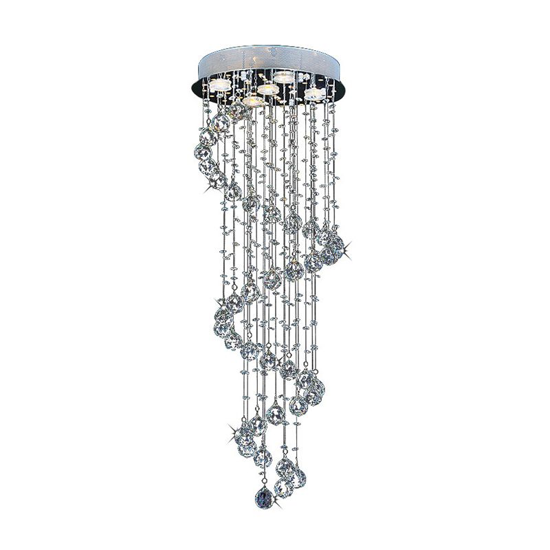 1/3/5-Bulb Crystal Draping Flush Light Modern Stainless Steel Spiral Living Room Ceiling Mount Lamp