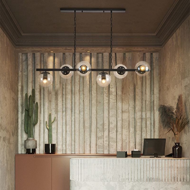 Industrial Black Island Light Globe 6 Lights Island Pendant with Glass for Dining Room