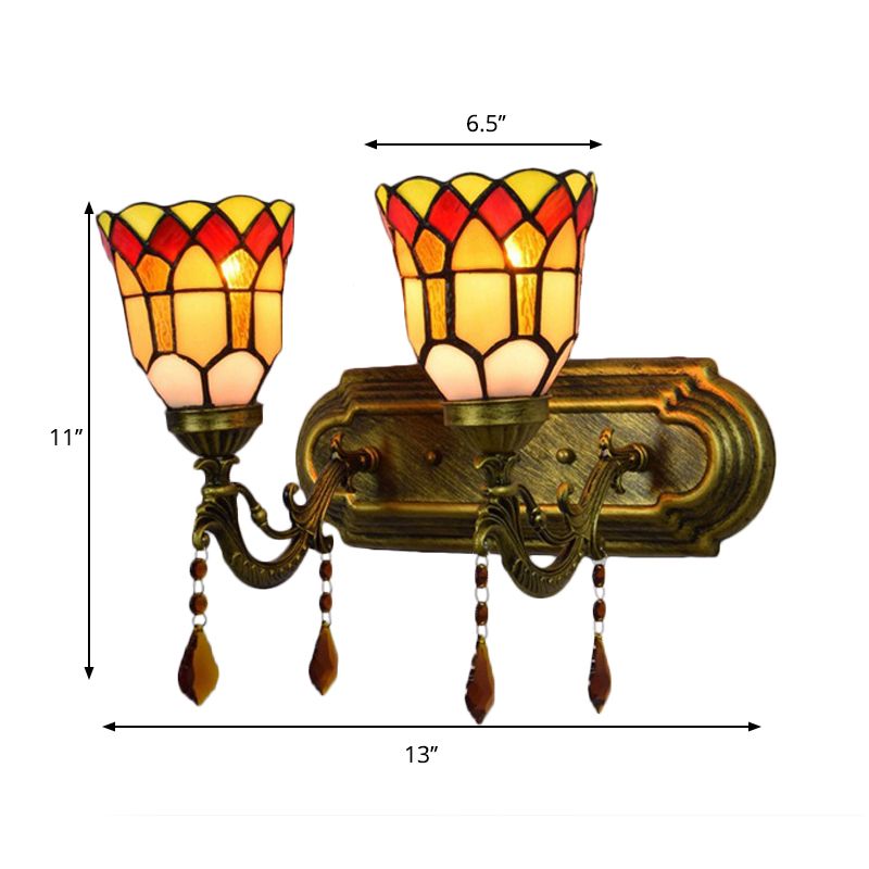 Foyer Stair Bell Wall Sconce with Agate Stained Glass 2 Heads Tiffany Traditional Wall Light