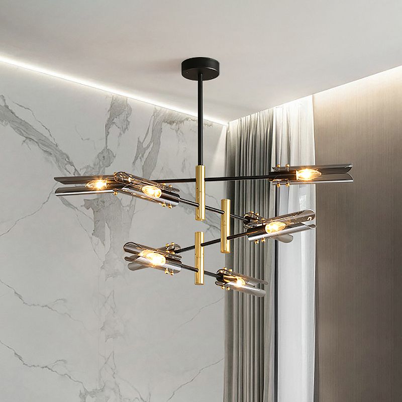 Lampada del lampadario tubolare Fumo moderno Grigio grigio vetro a 8 teste Black e ottone Brass Affermazione Lampada a sospensione