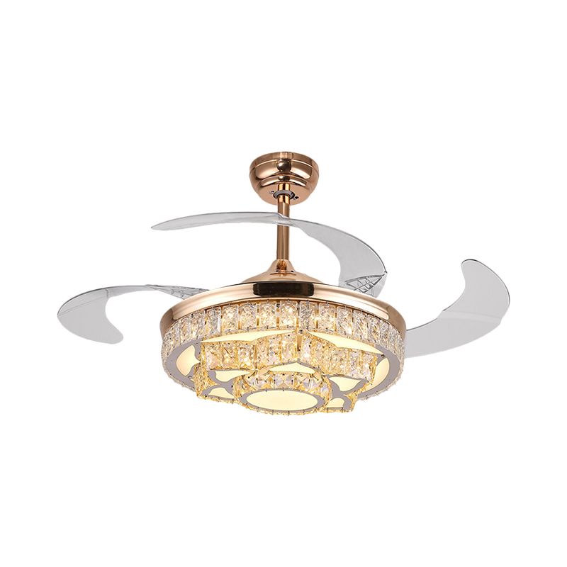 Eenvoudige lotus hangende ventilatorlamp kristalblok 19 "brede led -slaapkamer semi -flush licht in goud/chroom met 4 messen
