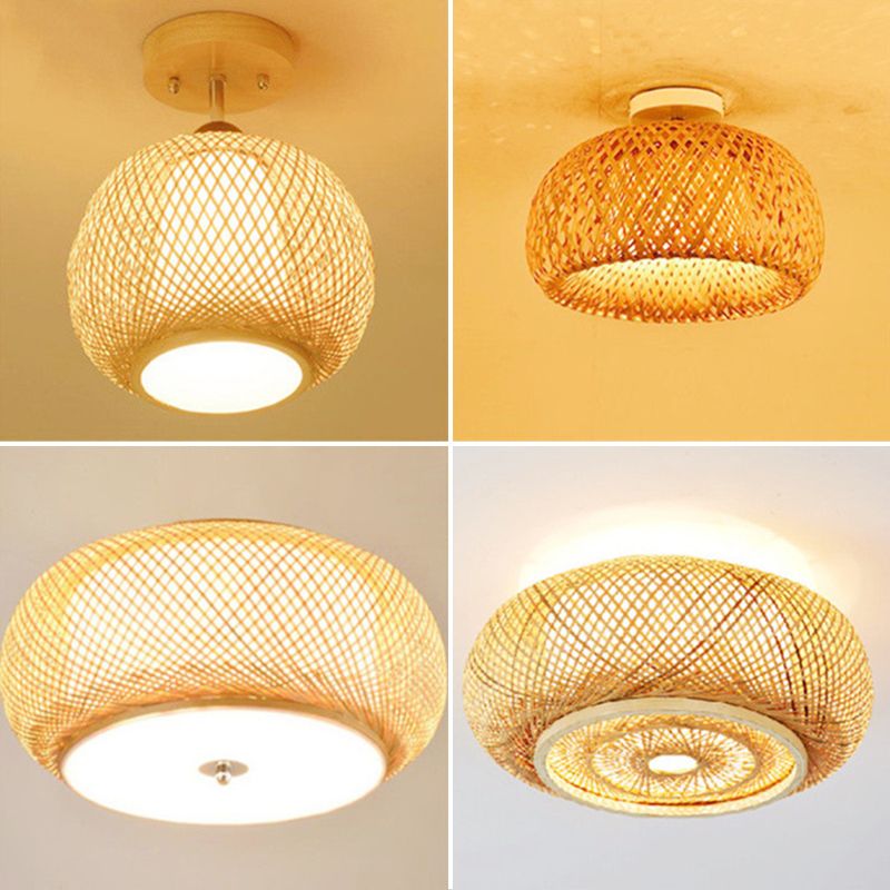 Lámpara de techo de madera de estilo asiático, luz de montaje empotrado de bambú tejida a mano, para salón de té