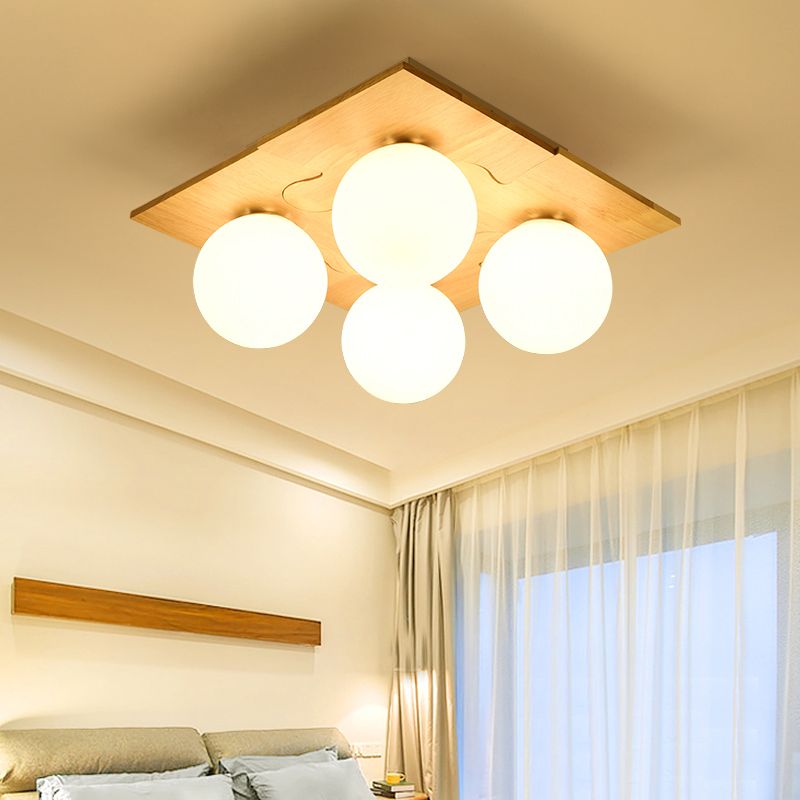 Japanese Round Flush Mount Lighting White Glass 4 Bulbs Bedroom Flush Ceiling Light Fixture with Wooden Decor