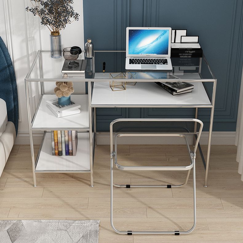 Glass Rectangular Writing Desk Contemporary Style Office Desk with Storage Shelves