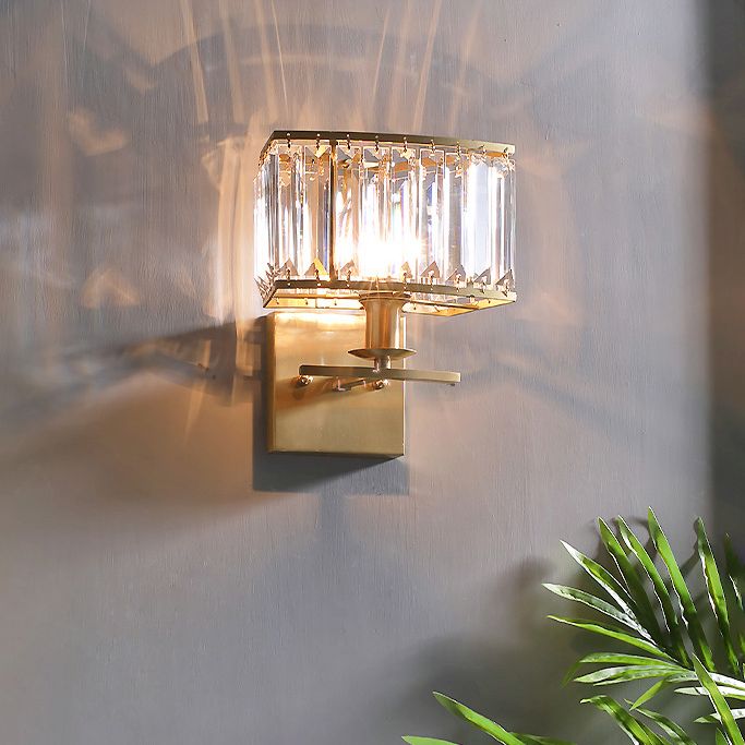 Gold Rectangular Wall Sconce in Modern Luxury Style Copper Wall Lamp with Crystal Shade