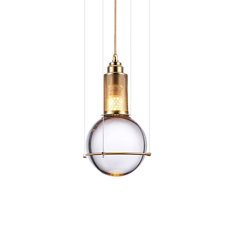 Modern Ball Pendant Lamp Clear Crystal 1 Light LED Bedroom Hanging Lamp with Gold Mesh Cage in Warm/White Light