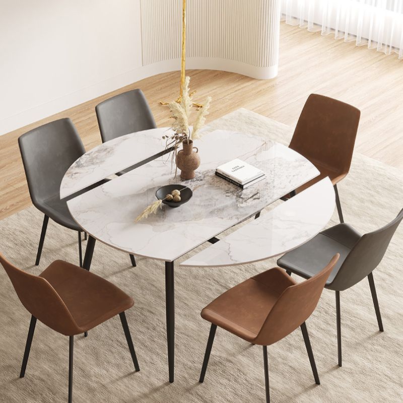 Round Dining Table with Leaf Extension Modern Stone Black Legs Dinette Table