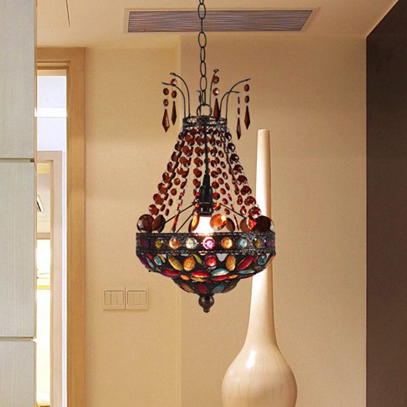 Stained Glass Beaded Teardrop Pendant Bohemian 1 Head Dining Room Hanging Ceiling Light in Copper
