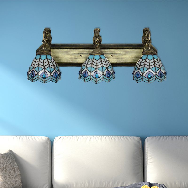 Peacock Tail Sconce Lighting Tiffany Stained Glass 3 Head Blue Wall Mounted Lighting, 6"/8" Wide