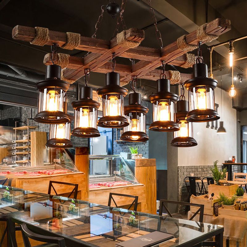 8-Lights Industrial Style Island Pendants Wood Pendant Lights for Dining Room