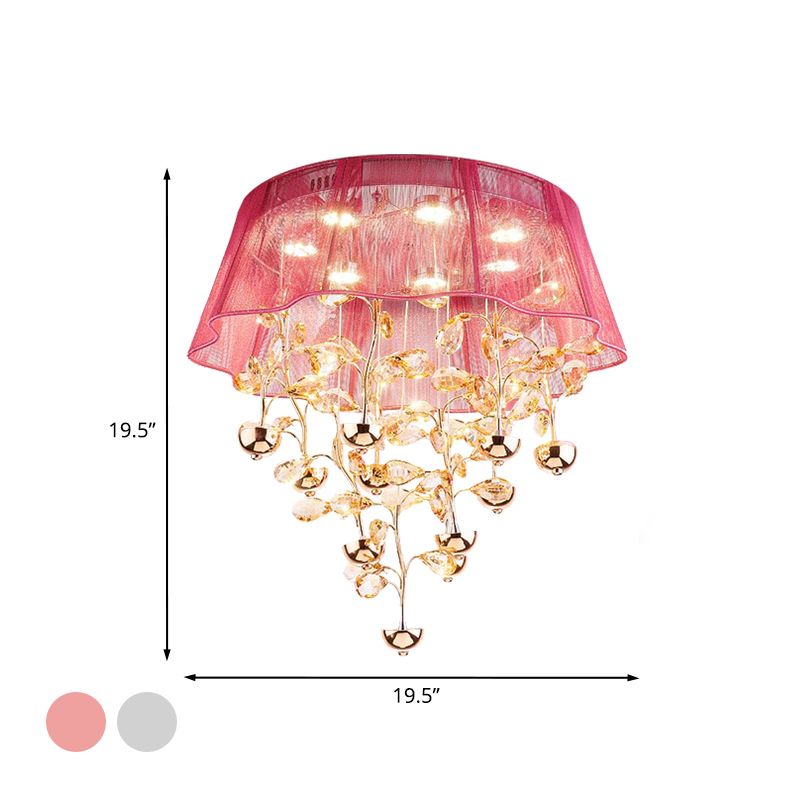 Silver/Pink Scalloped Ceiling Flush Modernist Fabric Bedroom LED Flush Mounted Lamp with Crystal Tree Design
