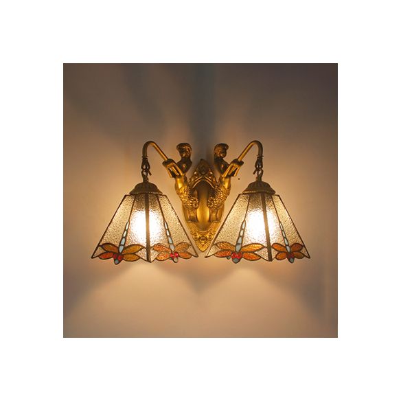 2 Heads Pyramid Sconce Lighting Tiffany White/Clear Glass Wall Mounted Light with Dragonfly Pattern