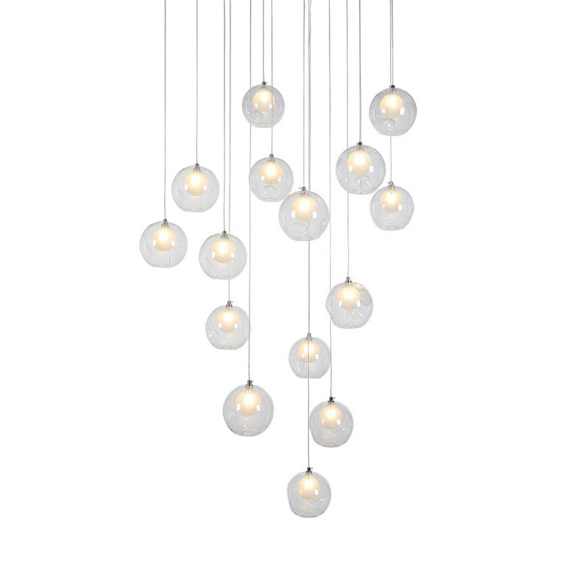 Ball Spiral Stairs Multi-Pendant Clear Dimpled Glass 15-Light Modern Ceiling Light