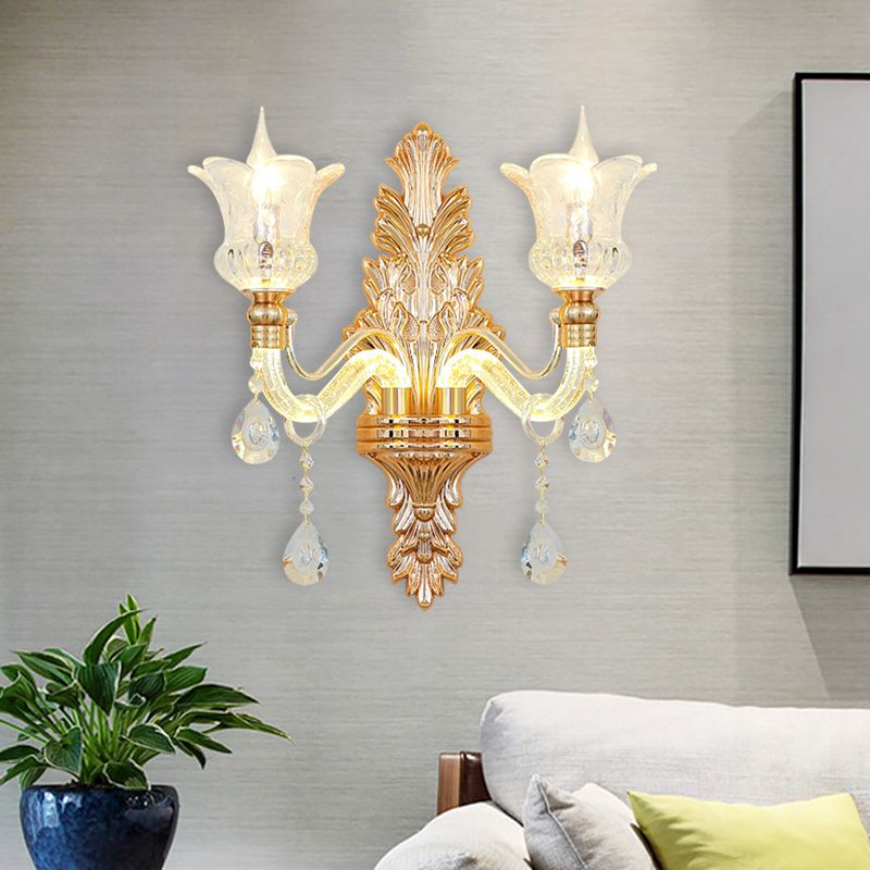 Lampe à paroi de fleur simple 2 lumières en verre en vitre en cristal transparent applique avec un bras lumineux et une plaque arrière sculptée