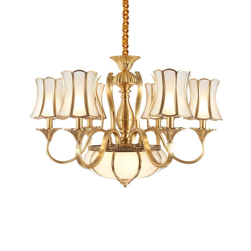 6 Heads Chandelier Lighting Colony Sputnik Metal Suspended Lighting in Gold with Scallope Frosted White Glass Shade