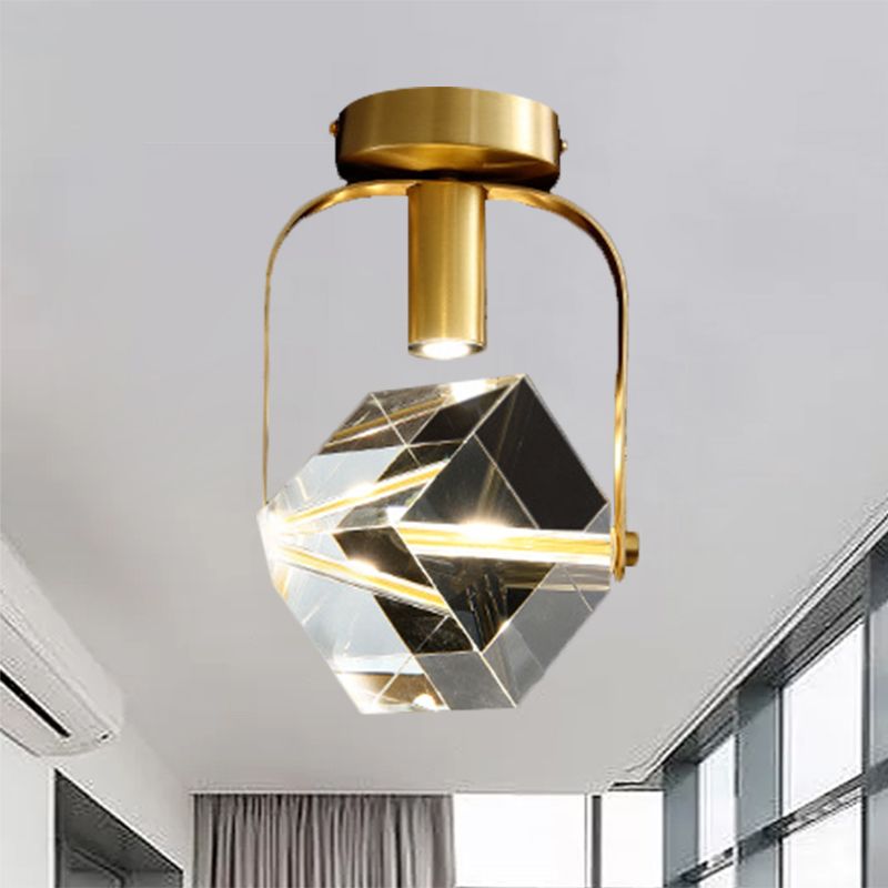 Plafonnier LED encastré moderne avec anneau rectangulaire, cube en cristal, luminaire semi-encastré en laiton