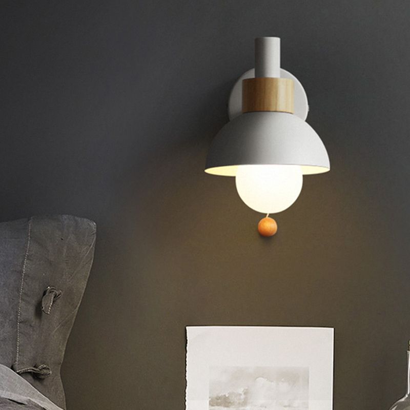 1 Head Bedside Wall Lamp Macaron White/Pink/Yellow Sconce Light Fixture with Domed Metal Shade