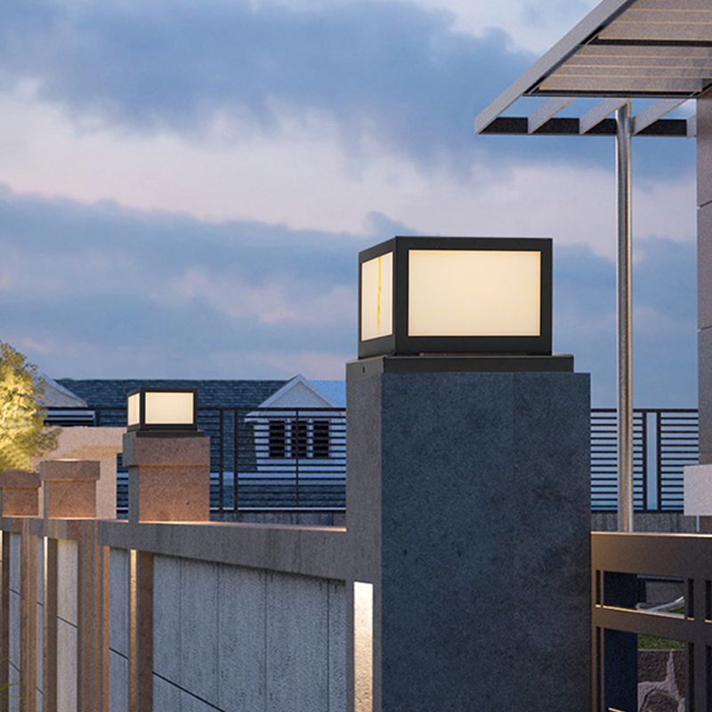 Black Solar Energy Pillar Lamp Modern Square Outdoor Light with Metal for Garden