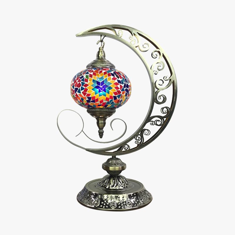 Global Bedroom Nightstand Lamp Decorative Stained Glass 1 Light White/Red/Pink Desk Light with Moon Design