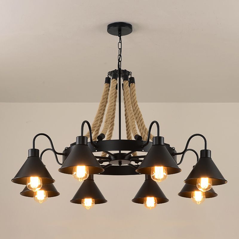 Black Wrought Iron Ceiling Hung Fixtures Vintage Rope Pendant Lighting for Bar
