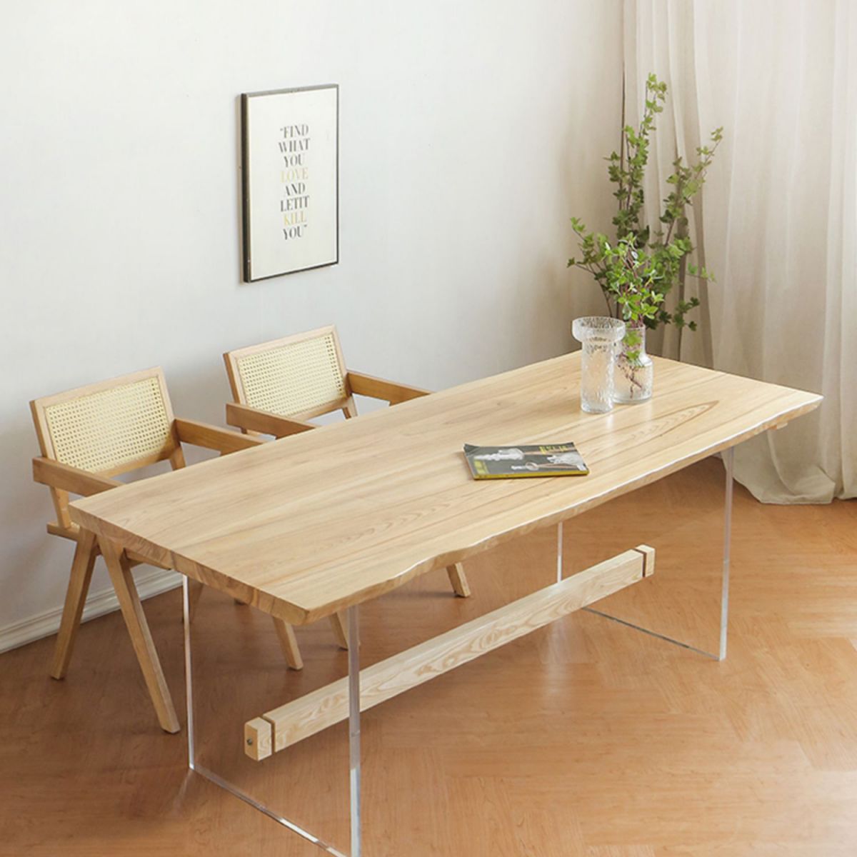 Rectangle Transparent Base Dining Table Modern Pine Wood Table for Living Room