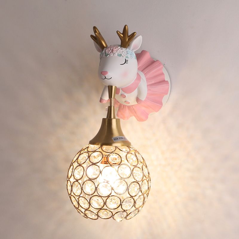 Hollowed out Ball Bedside Wall Mount Light Crystal 1 Head Artistic Wall Light Fixture with Animal Decor