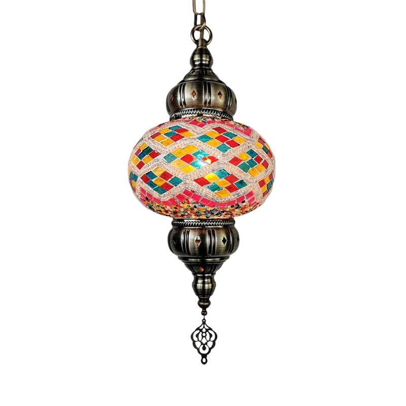 1 Head Cut Glass Ceiling Pendant Light Traditional Beige/Yellow/Blue Oval Dining Room Hanging Light Fixture