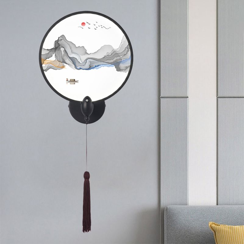LED Bedroom Wall Mural Light Chinese Style Black Mountain Wall Lighting Fixture with Circular Acrylic Shade