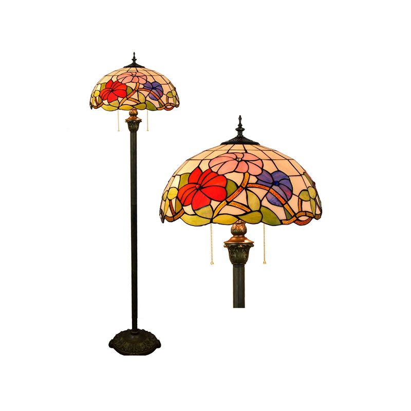 Tiffany Dome Shade Standing Light 2 Bollen handgemaakte glazen vloerlamp met trekketting