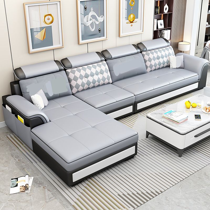 Scandinavian Faux Leather Sectional Sofas Grey L-Shape Modular Sleeper Sectional