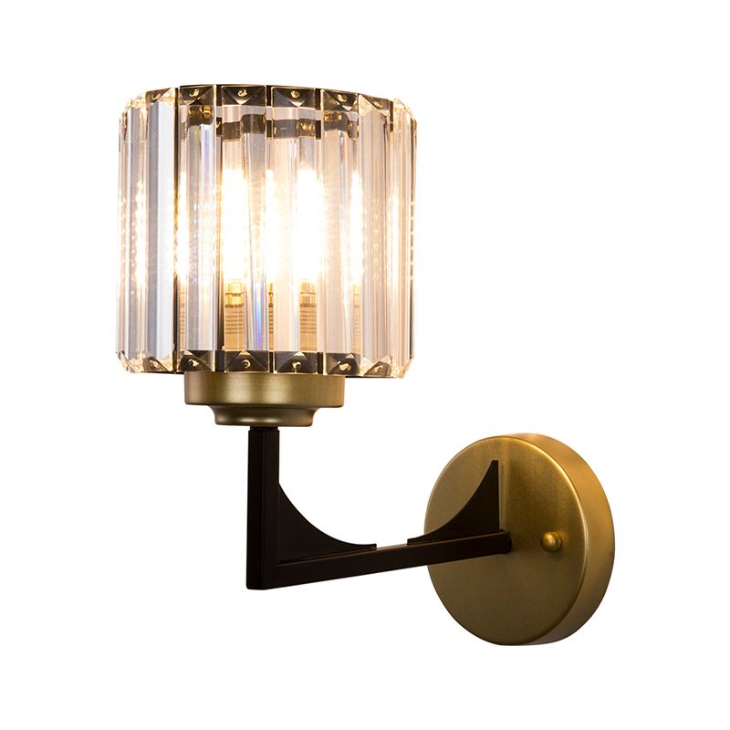 Angle Armed Wall Lighting with Clear Cylindrical Shade Modern Crystal Wall Lamp in Brass